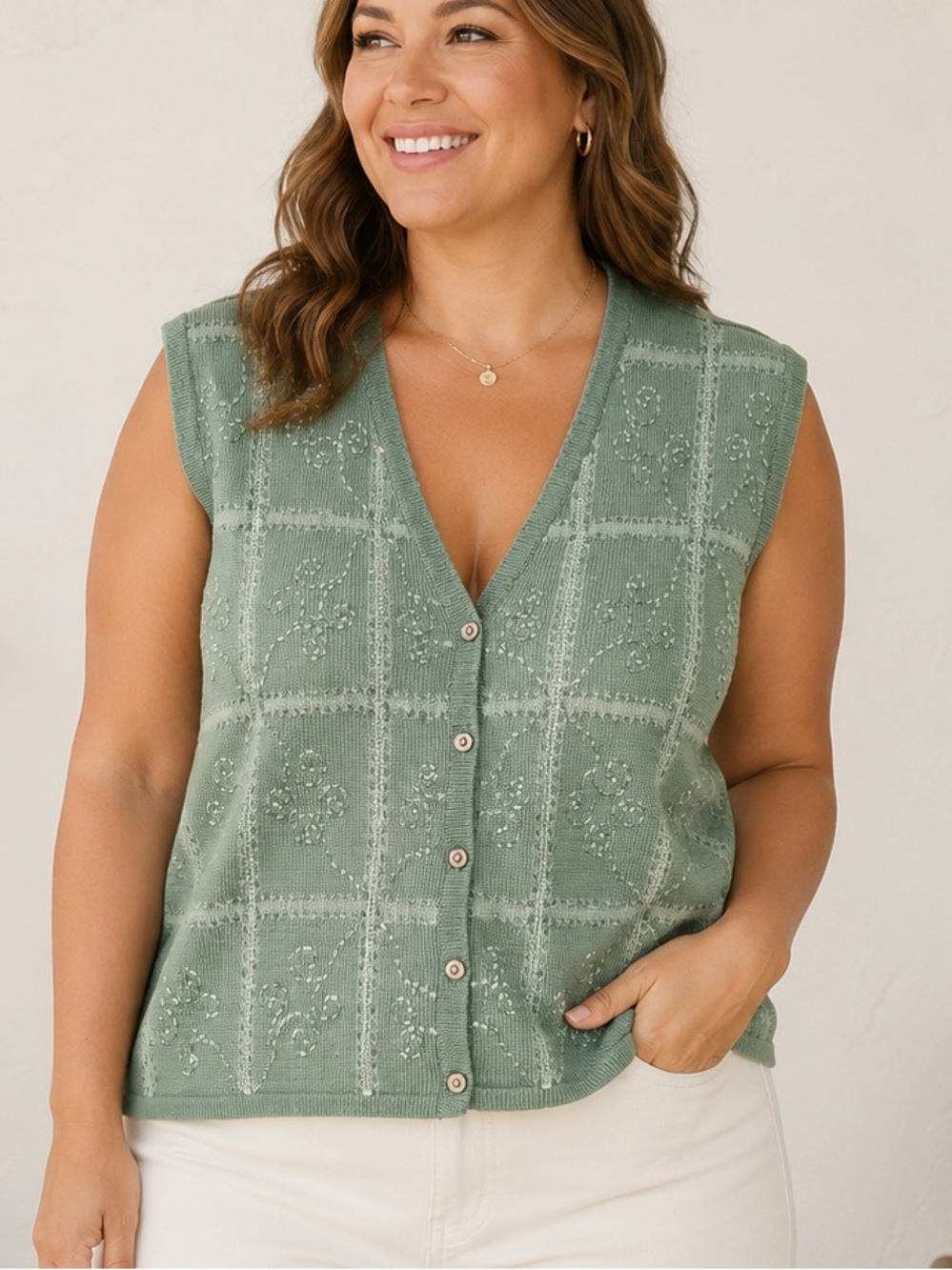 Koret Acrylic wool blend Green Sleeveless Button Front‎ Knit Vest L